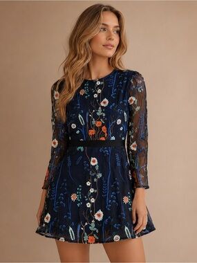 CBR Navy Floral Embroidered Mini Dress